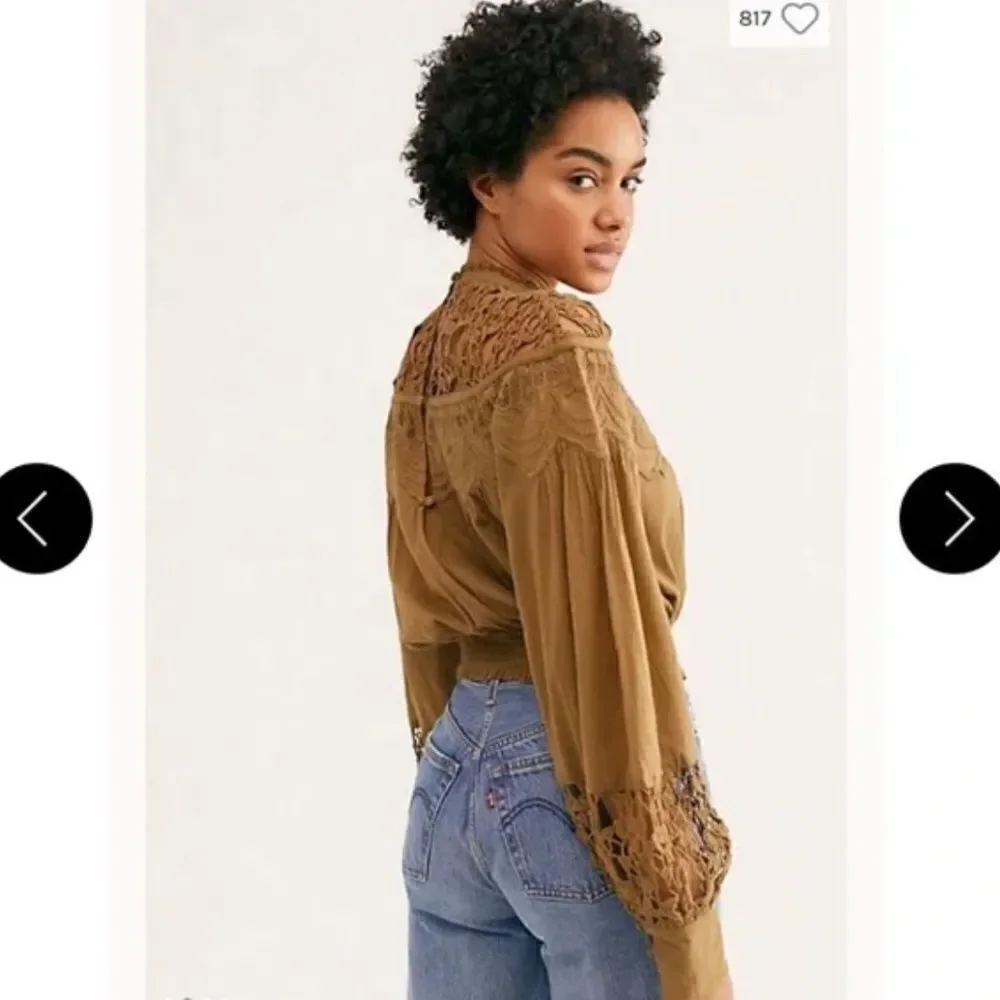 Free People Better For You Crochet Embroidered Victorian Blouse Top Long Sleeve